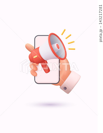 3D illustration of hand holding smartphone with megaphone, digital marketing and online promotion concept isolated on soft background. 3D illustration of hand holding smartphone with megaphone, digital marketing and online promotion concept isolated on soft background. 143217281