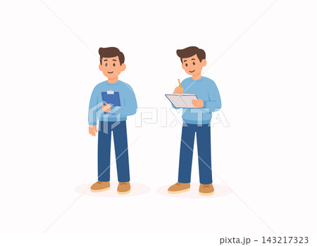 Flat style illustration of man holding clipboard and writing notes, representing business tasks, planning and checklist isolated on light background. Flat style illustration of man holding clipboard and writing notes, representing business tasks, planning and checklist isolated on light background. 143217323