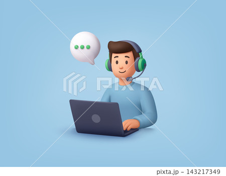 3D illustration of a support operator with headset providing customer service via laptop, online communication, chat assistance, and technical support concept. 143217349