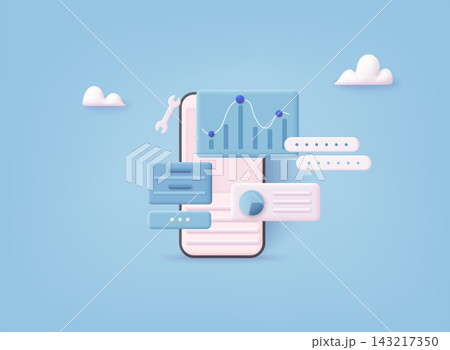 3D illustration of mobile analytics interface with charts, graphs, and data visualization elements, business performance tracking and digital analysis concept. 3D illustration of mobile analytics interface with charts, graphs, and data visualization elements, business performance tracking and digital analysis concept. 143217350