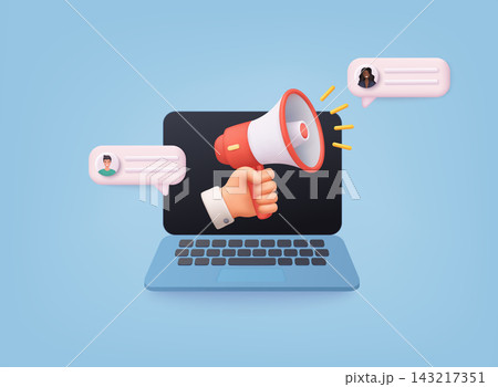 3D illustration of megaphone coming out of laptop screen with chat bubbles, representing digital marketing, online promotion, and communication with audience. 143217351