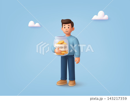 3D illustration of a man holding a jar full of coins labeled savings, representing personal finance, budgeting, financial planning, and money saving concept. 143217359