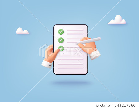 3D illustration of hands marking completed checklist on tablet, representing task management, productivity, workflow, and digital form completion concept. 143217360