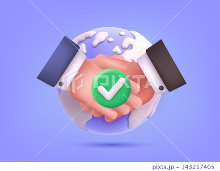3D illustration of handshake with approved check mark over globe symbolizing successful international partnership, verified agreement and global business cooperation. 3D illustration of handshake with approved check mark over globe symbolizing successful international partnership, verified agreement and global business cooperation. 143217405