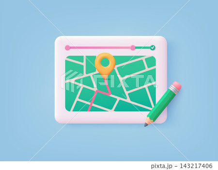 Modern 3D map route planning interface with location pin and pencil icon. Navigation editing and GPS destination planning concept. Modern 3D map route planning interface with location pin and pencil icon. Navigation editing and GPS destination planning concept. 143217406