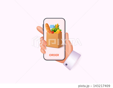 Smartphone displaying grocery order bag in modern 3D style. Mobile food delivery and online supermarket service concept. 143217409