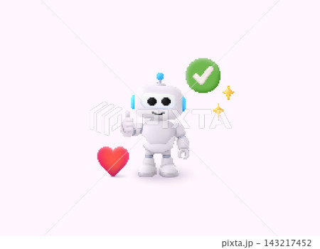 Voxel Style AI assistant robot giving thumbs up with approval checkmark and heart icon. Artificial intelligence concept for customer satisfaction, positive feedback, trusted chatbot, verified service 143217452