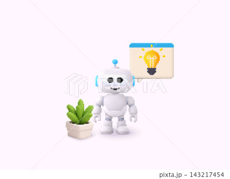 Voxel Style AI assistant robot with idea speech bubble and light bulb icon. Artificial intelligence concept for brainstorming, creative thinking, business innovation, smart suggestions and knowledge 143217454