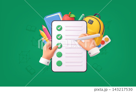 School Checklist with Backpack and Educational Supplies in 3D Style School Checklist with Backpack and Educational Supplies in 3D Style 143217530