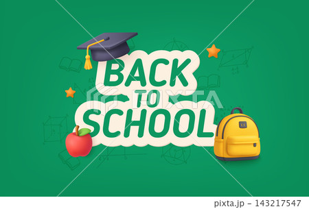 Back to School Banner with Backpack, Graduation Cap and Apple 143217547