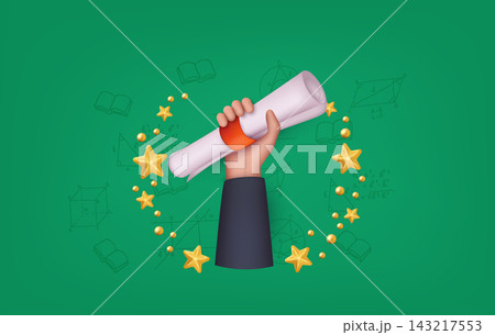 Hand Holding Graduation Diploma Surrounded by Golden Stars Hand Holding Graduation Diploma Surrounded by Golden Stars 143217553