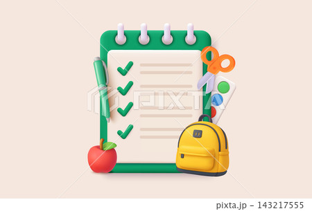 School Checklist with Backpack, Apple and Colorful Educational Supplies School Checklist with Backpack, Apple and Colorful Educational Supplies 143217555