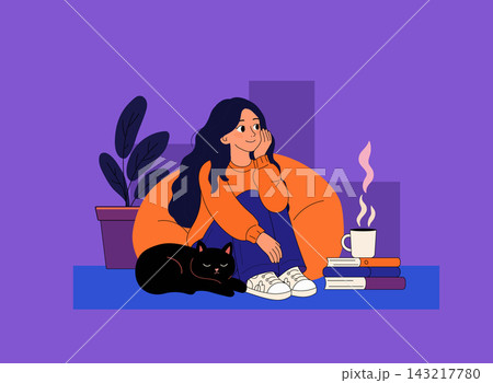 Cozy Woman Relaxing at Home with Cat Coffee and Books 143217780