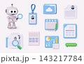 3D hiring and recruitment icon set with AI robot, employee badge, resume, calendar, analytics, rating and candidate search elements. 143217784