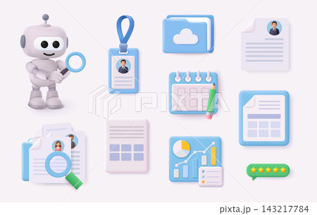 3D hiring and recruitment icon set with AI robot, employee badge, resume, calendar, analytics, rating and candidate search elements. 3D hiring and recruitment icon set with AI robot, employee badge, resume, calendar, analytics, rating and candidate search elements. 143217784