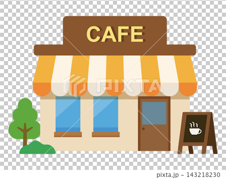 An illustration of the exterior of a stylish cafe with a striped awning and sign. An illustration of the exterior of a stylish cafe with a striped awning and sign. 143218230