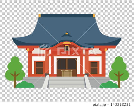 一幅描繪日本傳統神社建築和樹木的簡單插圖。 一幅描繪日本傳統神社建築和樹木的簡單插圖。 143218231