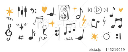 Music note doodles with notes melody Y2K aesthetic with comic style sketches, colorful melodies, vintage stickers, and hand drawn elements ideal for fun creative projects and backgrounds.  143219039
