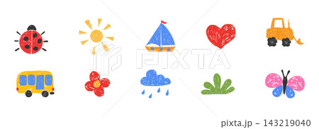 Scribble chalk set childlike elements, crayon pencil kindergarten doodle icons. Bug, star and moon, flowers, games in sketch style 143219040