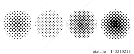 Pop art halftone circle set with radial dot pattern creating dynamic gradient effect and retro comic, pop art texture in black and white tones. Vintage geometric radial design. Pop art halftone circle set with radial dot pattern creating dynamic gradient effect and retro comic, pop art texture in black and white tones. Vintage geometric radial design. 143219218