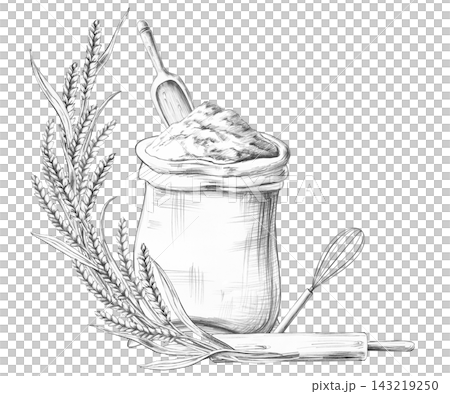 Pencil drawing of a sack of flour and a baker's peel against a background of wheat ears. An isolated illustration for decorating bakeries, cafes, kitchen textiles, menus, and culinary blogs. Pencil drawing of a sack of flour and a baker's peel against a background of wheat ears. An isolated illustration for decorating bakeries, cafes, kitchen textiles, menus, and culinary blogs. 143219250
