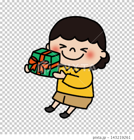 A fluffy, curly-haired girl receives a present. A fluffy, curly-haired girl receives a present. 143219261