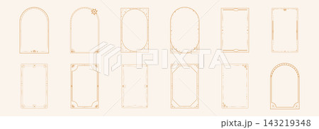 Celestial boho set gold frames, arch. Esoteric deco border set. Elegant thin lines, moon crescent, sun, stars decorations on beige background. Tarot cover card template, occult design Celestial boho set gold frames, arch. Esoteric deco border set. Elegant thin lines, moon crescent, sun, stars decorations on beige background. Tarot cover card template, occult design 143219348