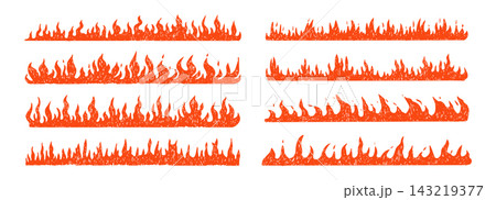 Horizontal dynamic flame border divider, hand drawn crayon scribble texture set. Hot burning campfire silhouettes create striking decorative footer. Collage sketch designs and retro illustrations Horizontal dynamic flame border divider, hand drawn crayon scribble texture set. Hot burning campfire silhouettes create striking decorative footer. Collage sketch designs and retro illustrations 143219377