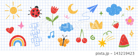 Chalk scribble set childlike elements, crayon pencil kindergarten doodle icons. Preschool bug, stars, flowers, games in sketch style Chalk scribble set childlike elements, crayon pencil kindergarten doodle icons. Preschool bug, stars, flowers, games in sketch style 143219423