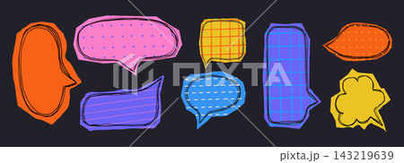 Paper cut out speech bubbles and stickers in Y2K retro style set. Stickers featuring speech bubbles, hearts, and retro elements. Scrapbook set collage pieces with torn edges. Paper cut out speech bubbles and stickers in Y2K retro style set. Stickers featuring speech bubbles, hearts, and retro elements. Scrapbook set collage pieces with torn edges. 143219639