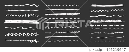 Underline crayon, chalk texture doodles highlight strokes on blackboard. Scribble collection. Scrawl separator line divider hand drawn squiggle border set. Straight, wavy and zigzag underlines 143219647