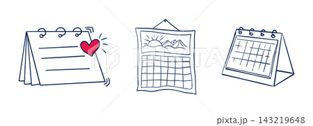 Calendar sketchy planner icon doodle grid icon, hand drawn. Hanging desk line schedule set. Reminder and calendar with a check Calendar sketchy planner icon doodle grid icon, hand drawn. Hanging desk line schedule set. Reminder and calendar with a check 143219648