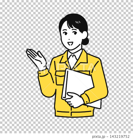 A young woman in work clothes holding a file and giving an explanation. A young woman in work clothes holding a file and giving an explanation. 143219752