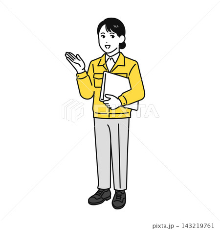 資料を持って説明をする作業服姿の若い女性 資料を持って説明をする作業服姿の若い女性 143219761