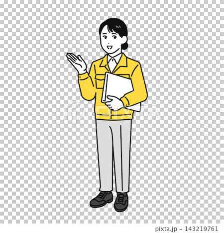 資料を持って説明をする作業服姿の若い女性 資料を持って説明をする作業服姿の若い女性 143219761