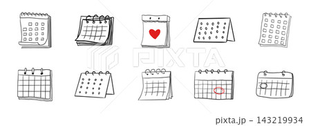 Calendar sketchy planner icon doodle grid icon, hand drawn. Hanging desk line schedule set. Reminder and calendar with a check Calendar sketchy planner icon doodle grid icon, hand drawn. Hanging desk line schedule set. Reminder and calendar with a check 143219934