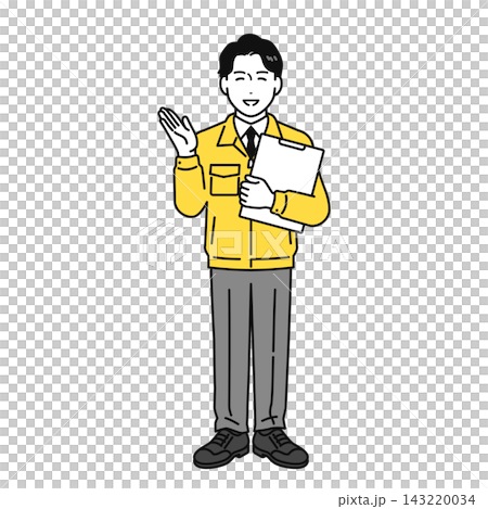 一名身穿工作服的年輕男子一邊拿著文件一邊解釋。 143220034