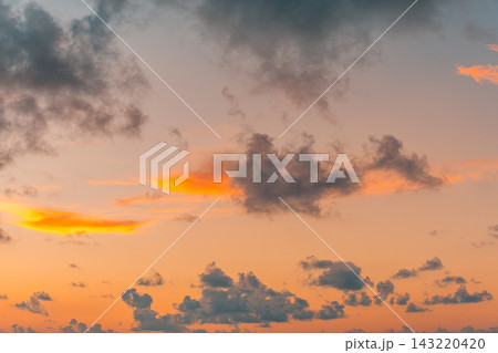 Soft pastel sunset glowing clouds calm tropical sea warm horizon vertical gentle evening light. Scenic nature landscape print. Fine art poster wall piece 143220420