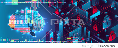 Futuristic AI brain and data center isometric. Futuristic AI brain and data center isometric. 143220709