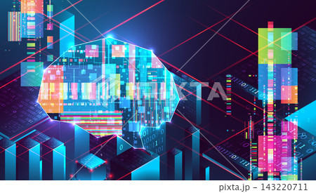 Futuristic AI brain and data center isometric. Futuristic AI brain and data center isometric. 143220711