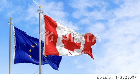 Flags of European Union and Canada waving together 143221087