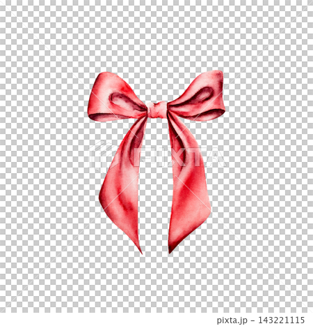 Watercolor red silk ribbon bow isolated on white background. Hand drawn satin gift bow illustration for Christmas decor and holiday package design. Detailed realistic romantic element for modern weddi Watercolor red silk ribbon bow isolated on white background. Hand drawn satin gift bow illustration for Christmas decor and holiday package design. Detailed realistic romantic element for modern weddi 143221115