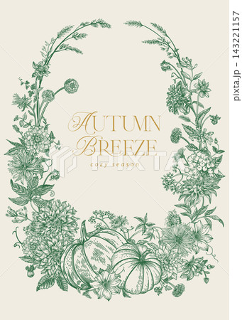 Frame with pumpkins, berries, and garden flowers 143221157