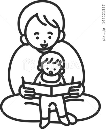 子どもに絵本の読み聞かせをするお父さんのイラスト　線画のみ 143221537