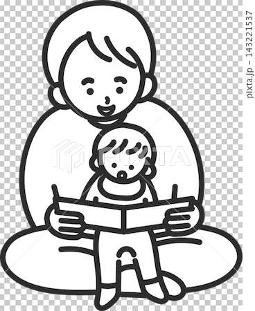 子どもに絵本の読み聞かせをするお父さんのイラスト　線画のみ 143221537