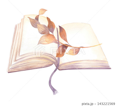 Open watercolor book with dried autumn leaves, warm beige lavender and brown tones, ribbon bookmark detail Open watercolor book with dried autumn leaves, warm beige lavender and brown tones, ribbon bookmark detail 143221569