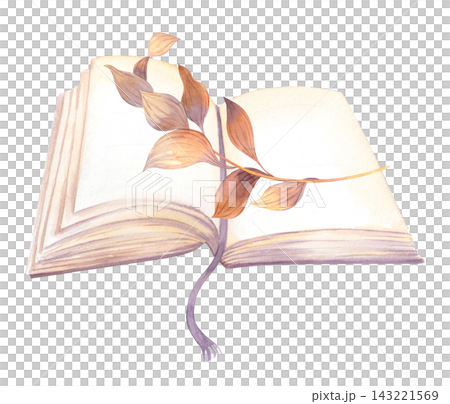 Open watercolor book with dried autumn leaves, warm beige lavender and brown tones, ribbon bookmark detail Open watercolor book with dried autumn leaves, warm beige lavender and brown tones, ribbon bookmark detail 143221569