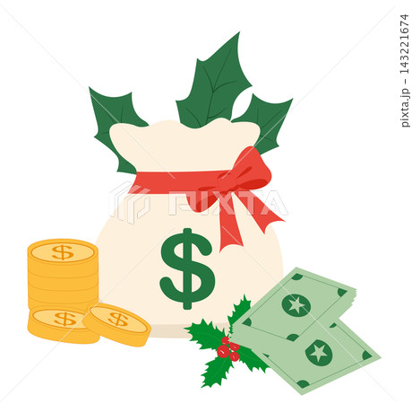 Christmas stocking with gold coins and candy cane illustration, great for xmas holiday decorations, gift promo banners, and stocking stickers 143221674