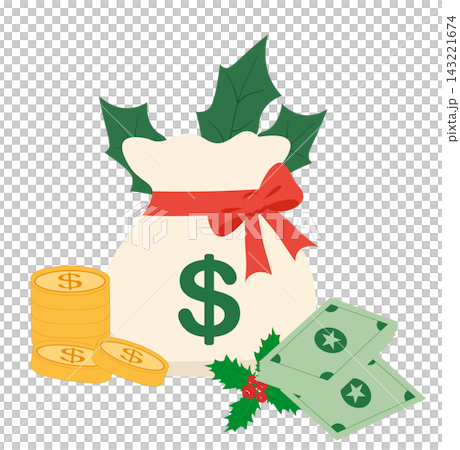Christmas stocking with gold coins and candy cane illustration, great for xmas holiday decorations, gift promo banners, and stocking stickers Christmas stocking with gold coins and candy cane illustration, great for xmas holiday decorations, gift promo banners, and stocking stickers 143221674