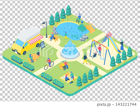 公園で過ごす人々のアイソメトリックイラスト 公園で過ごす人々のアイソメトリックイラスト 143221744